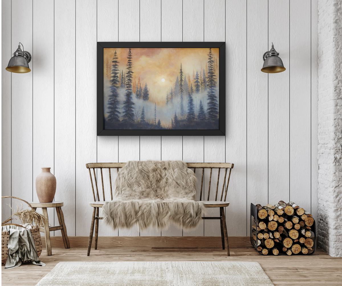 A framed landscape painting of a misty pine forest at sunrise, displayed on a white shiplap wall above a wooden bench with a fur throw in a styled room setting.